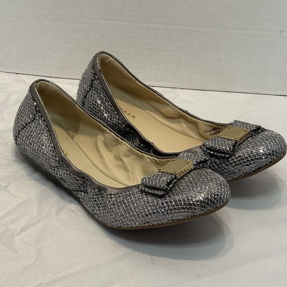Cole Haan Womens Tali Bow Leather Ballet Flat Silver Glitter Mirror 8.5B - Picture 1 of 10